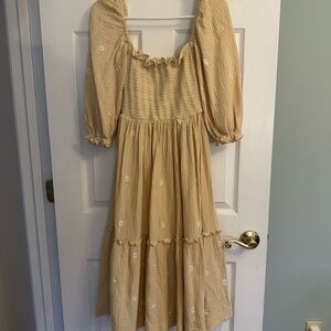 Yellow Smocked Midi Dress with Floral Embroidery